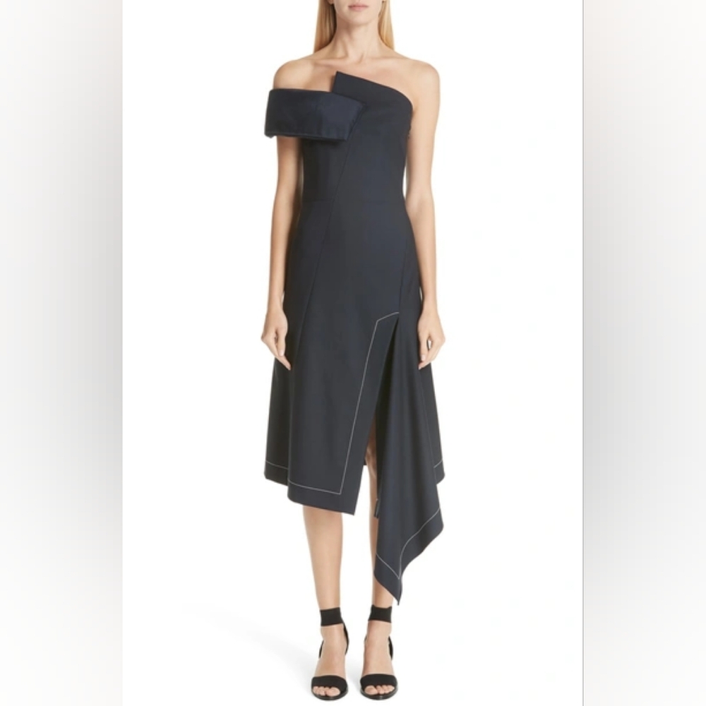 12. NWOT MONSE OFF THE SHOULDER TWISTED SLIT FRONT ASYMMETRIC DRESS IN NAVY